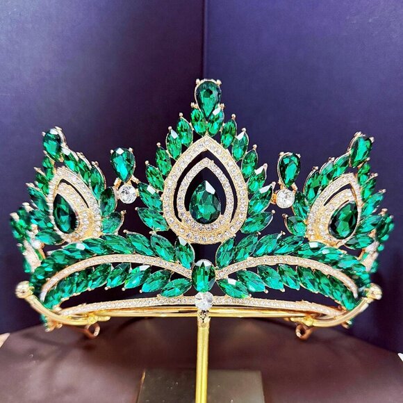 Quinceanera Crown, Green Rhinestone Crown, Large Size Crown, Gold Crystal Crown main image 5